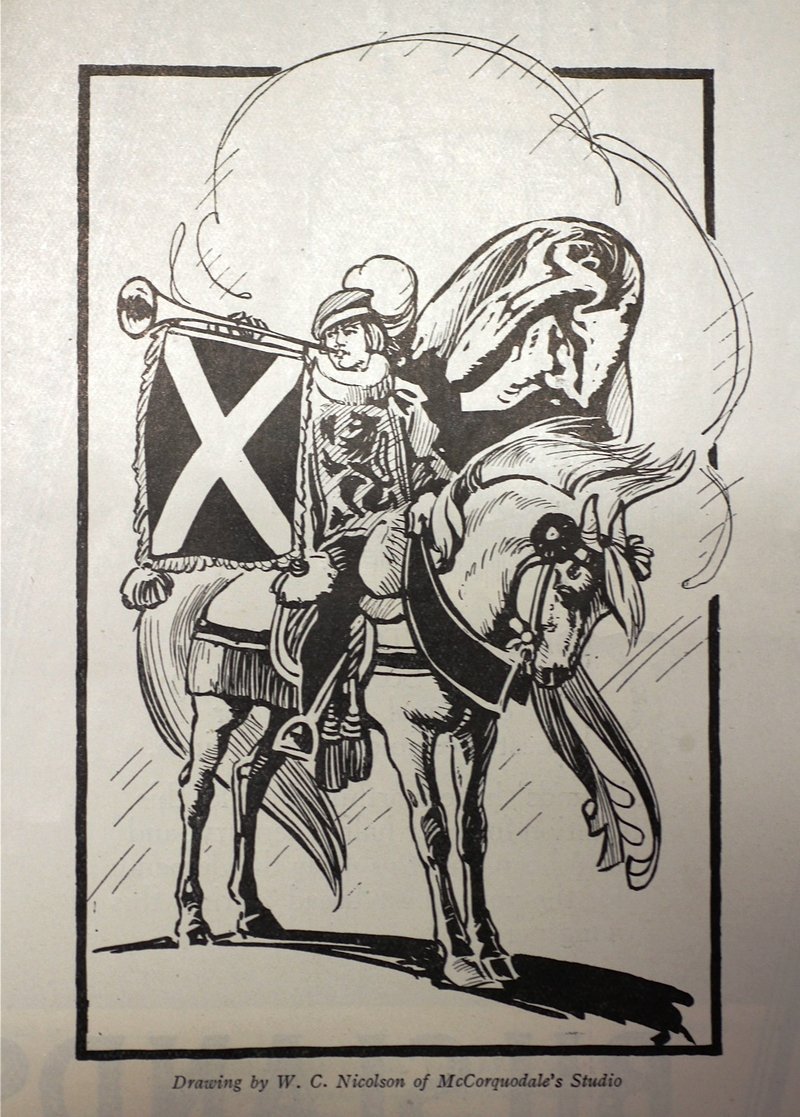 A drawing of a Herald Bearer in  in the The Story of the West: A Pageant of the Britons, the Vikings, the Traders and the Clans (Glasgow 1928).