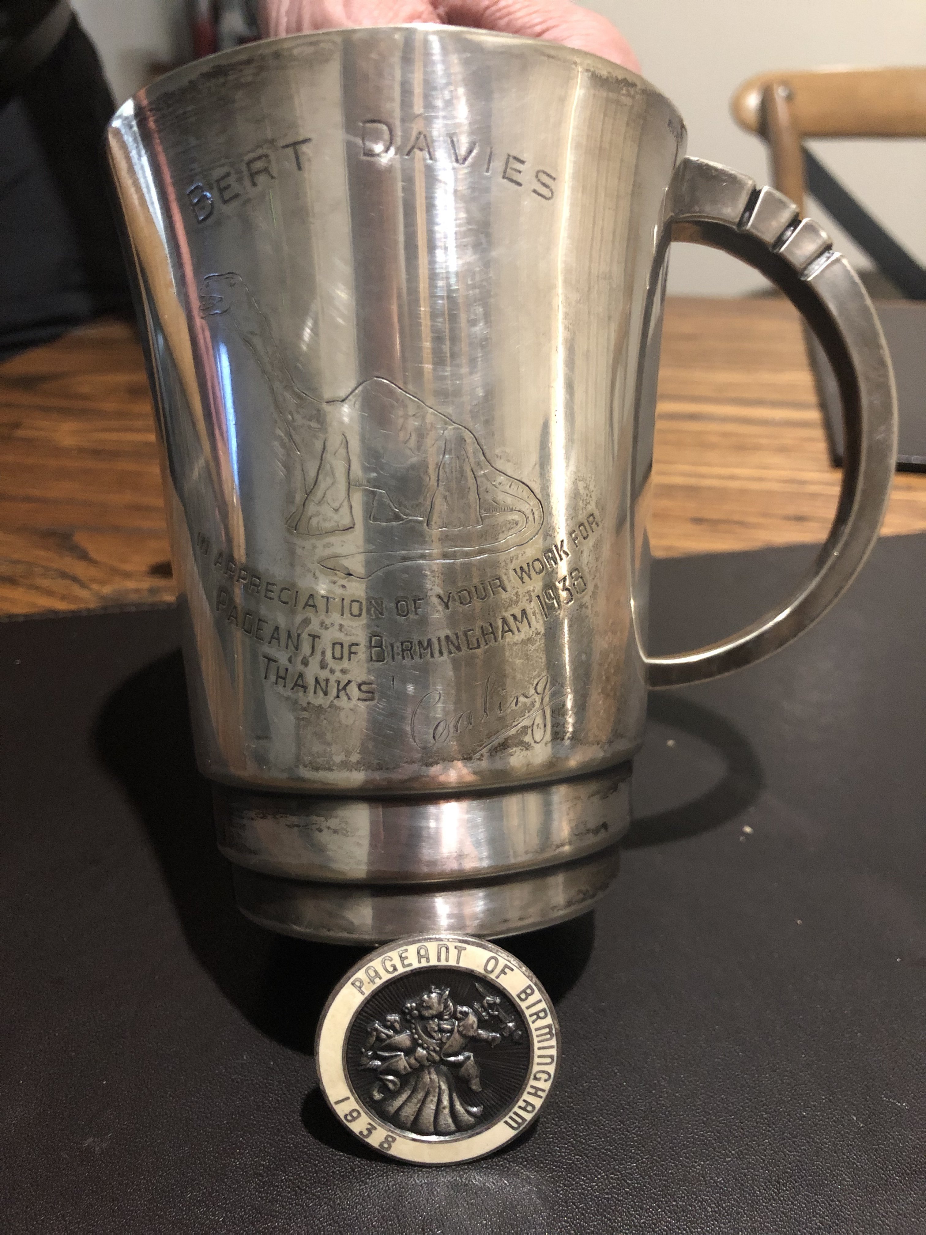 Mug presented to my Father Albert (Bert) Davies for his  work for the Pagent of Birmingham 1939 /also commemorative badge