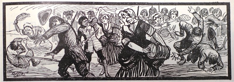 A drawing of the women chasing army volunteers for tramping on their washing