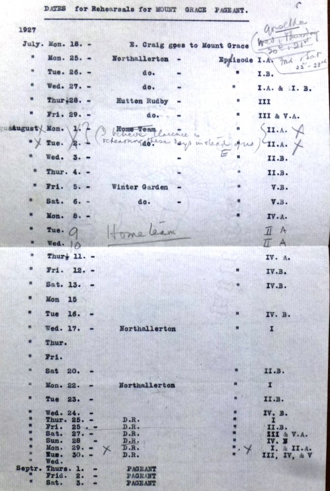 Rehearsal schedule for the Mount Grace Priory Pageant