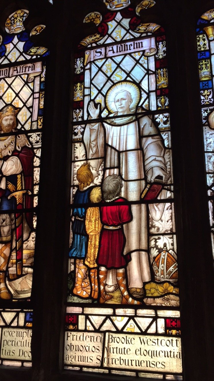 Stained glass window in Sherborne School chapel